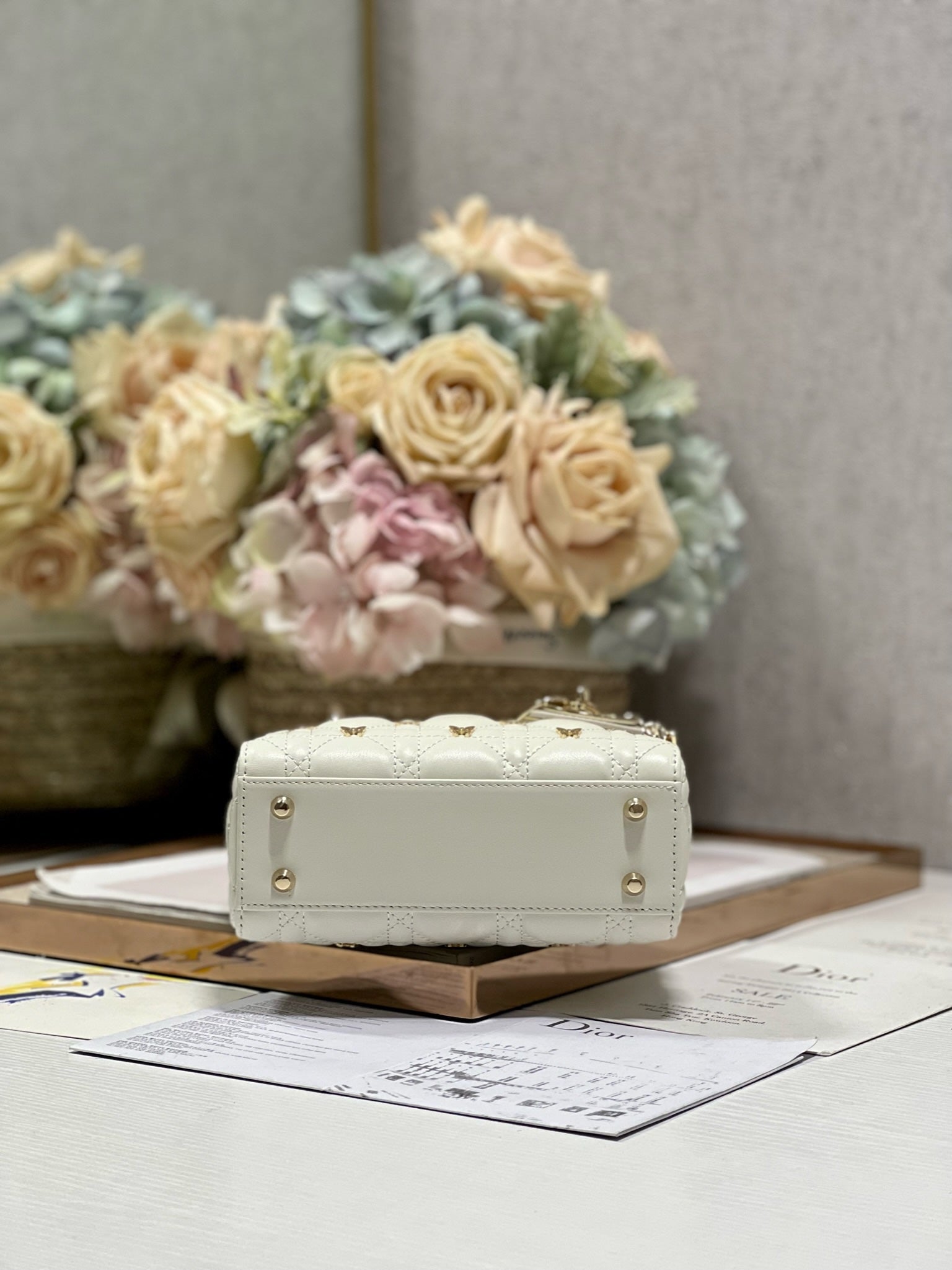 DIOR MINI LADY 17 BUTTERFLY STUD WHITE LAMBSKIN