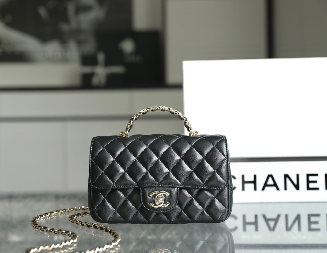 CHANEL MINI RECTANGLE FLAP BAG TOP HANDLE 20CM BLACK LAMBSKIN SILVER HARDWARE