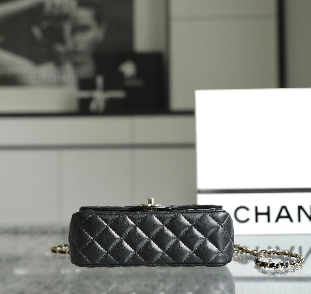CHANEL MINI RECTANGLE FLAP BAG TOP HANDLE 20CM BLACK LAMBSKIN SILVER HARDWARE