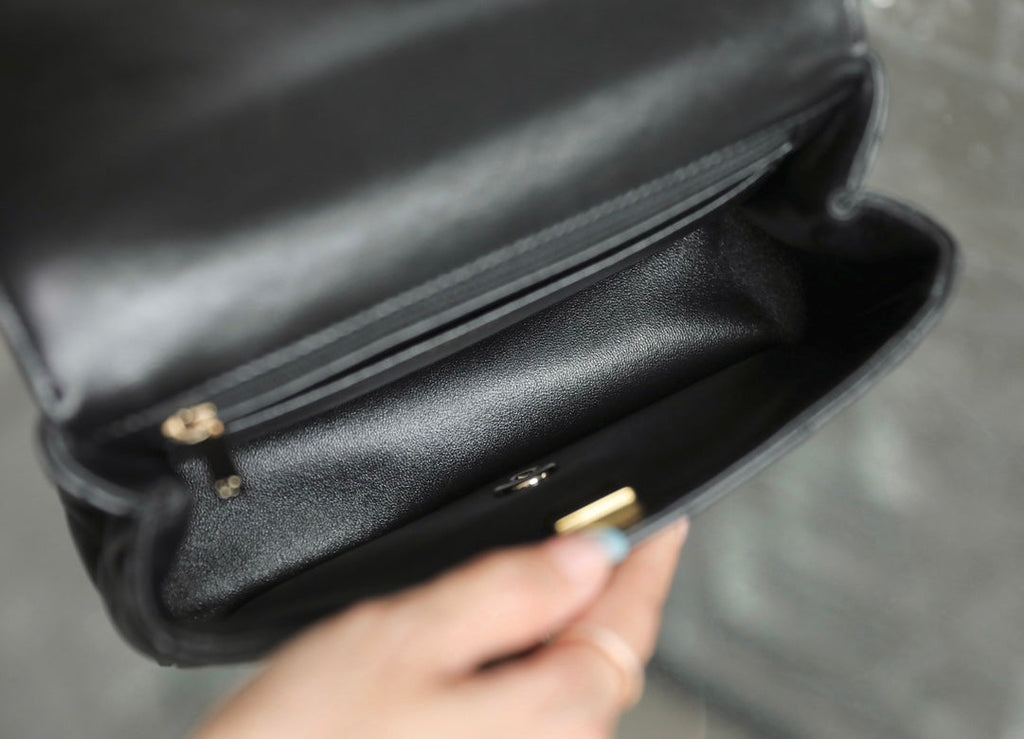 CHANEL MINI RECTANGLE FLAP BAG TOP HANDLE 20CM BLACK LAMBSKIN SILVER HARDWARE