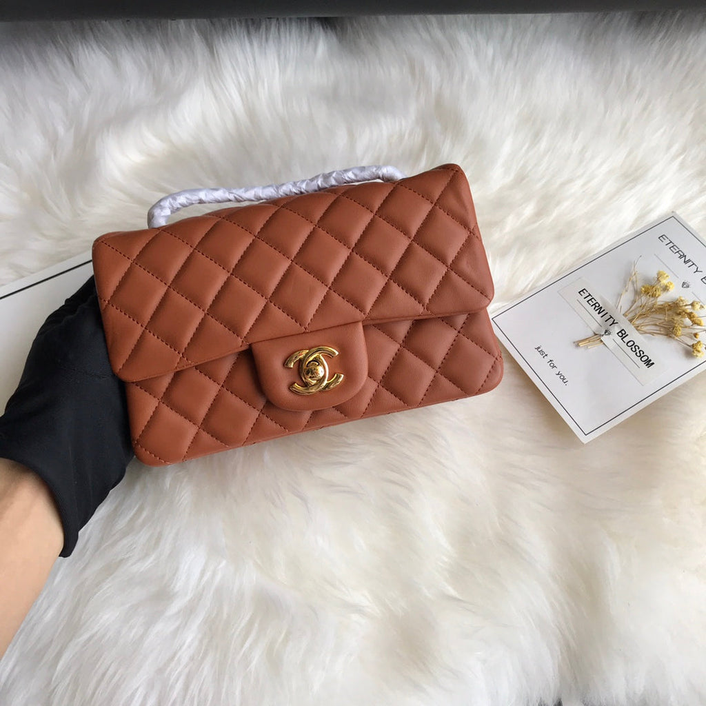 CHANEL 20 CLASSIC SMALL DOUBLE FLAP BAG IN CARAMEL BROWN CALFSKIN