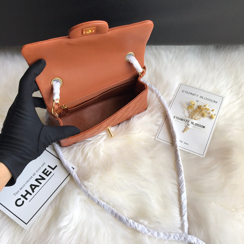 CHANEL 20 CLASSIC SMALL DOUBLE FLAP BAG IN CARAMEL BROWN CALFSKIN