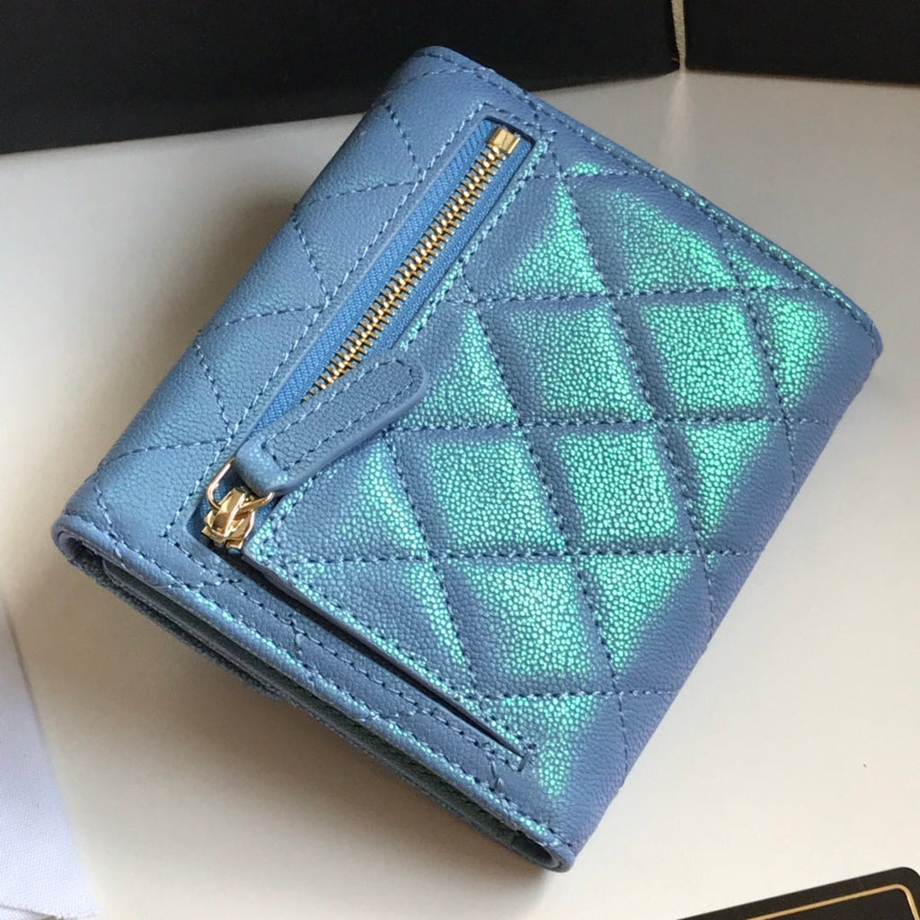 CHANEL FLAP CARD HOLDER 11.5 SKY GRAINED CALFSKIN GOLD ICON