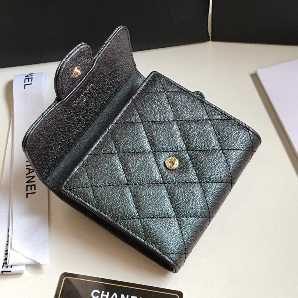 CHANEL FLAP CARD HOLDER 11.5 BLACK GRAINED CALFSKIN WITH GOLD ICON
