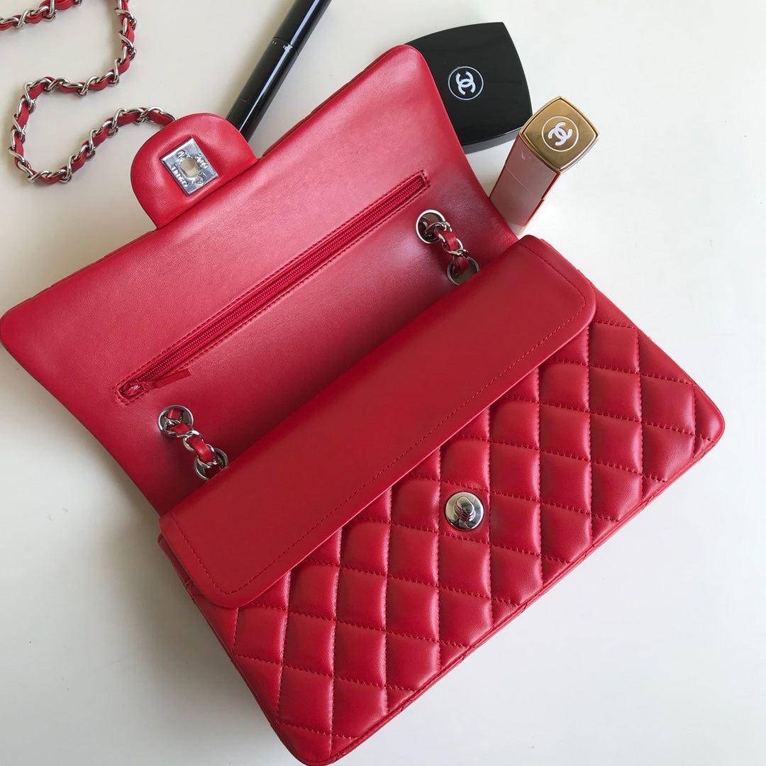 CHANEL FLAP BAG MEDIUM 25CM RED LAMBSKIN SILVER HARDWARE