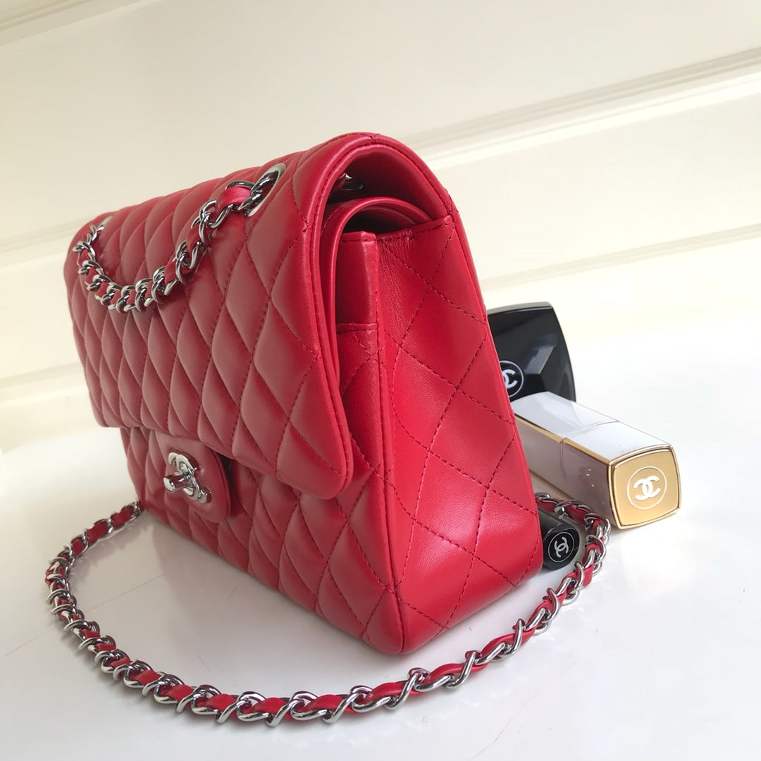 CHANEL FLAP BAG MEDIUM 25CM RED LAMBSKIN SILVER HARDWARE