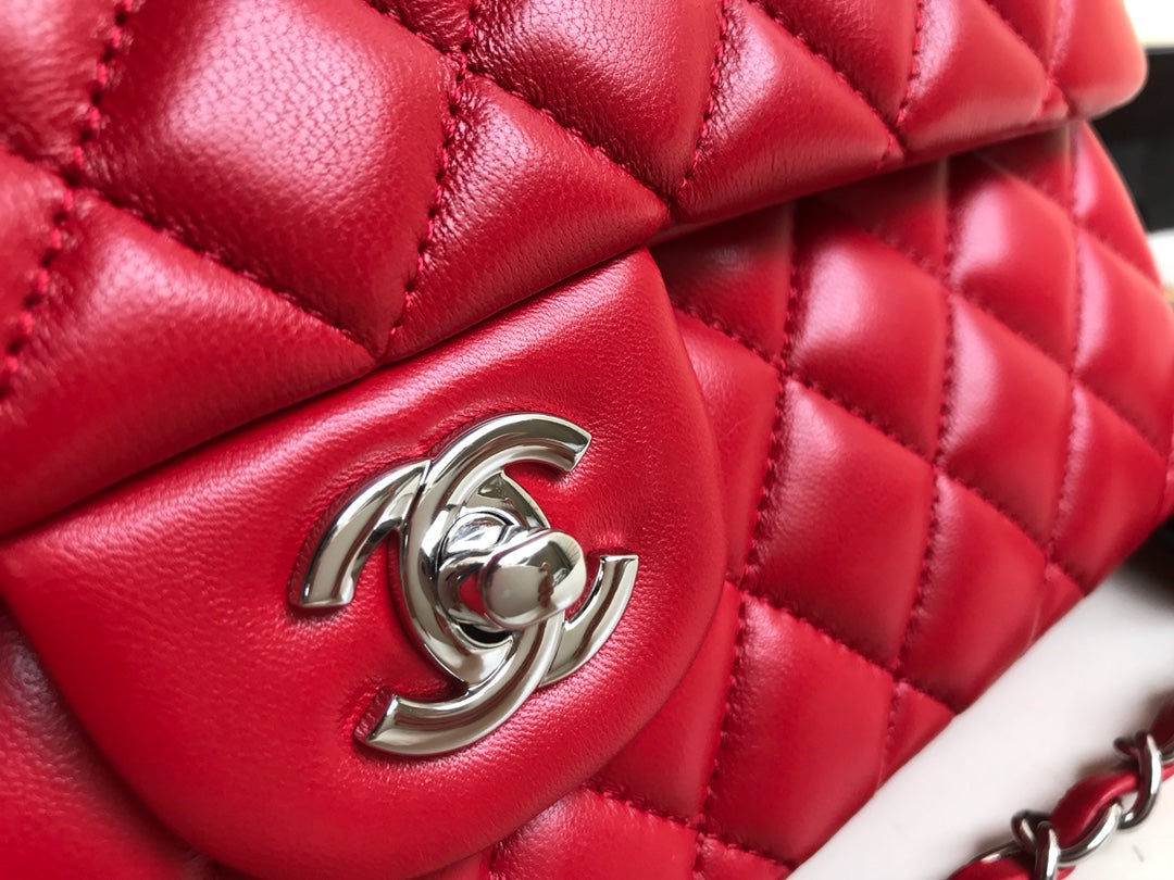 CHANEL FLAP BAG MEDIUM 25CM RED LAMBSKIN SILVER HARDWARE