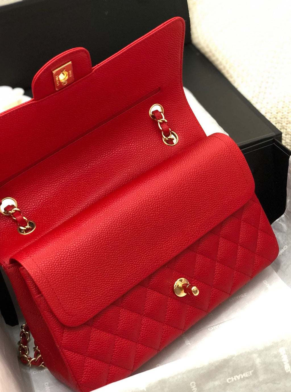 CHANEL FLAP BAG MEDIUM 25CM RED CAVIAR GOLD HARDWARE
