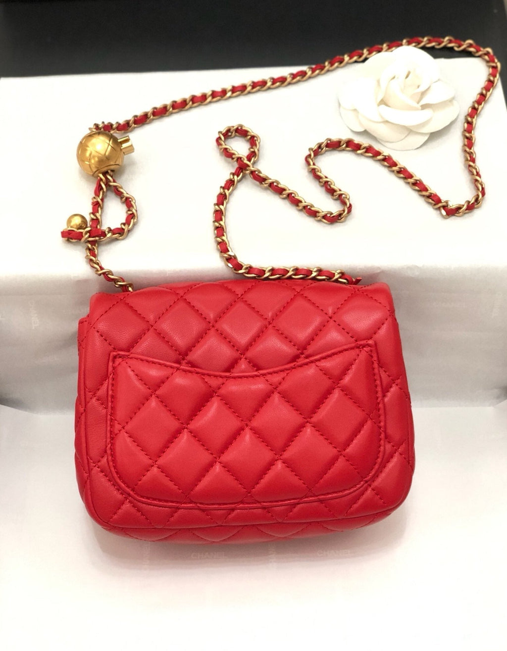 CHANEL MINI SQUARE CLASSIC FLAP BAG 17CM RED LAMBSKIN GOLD HARDWARE