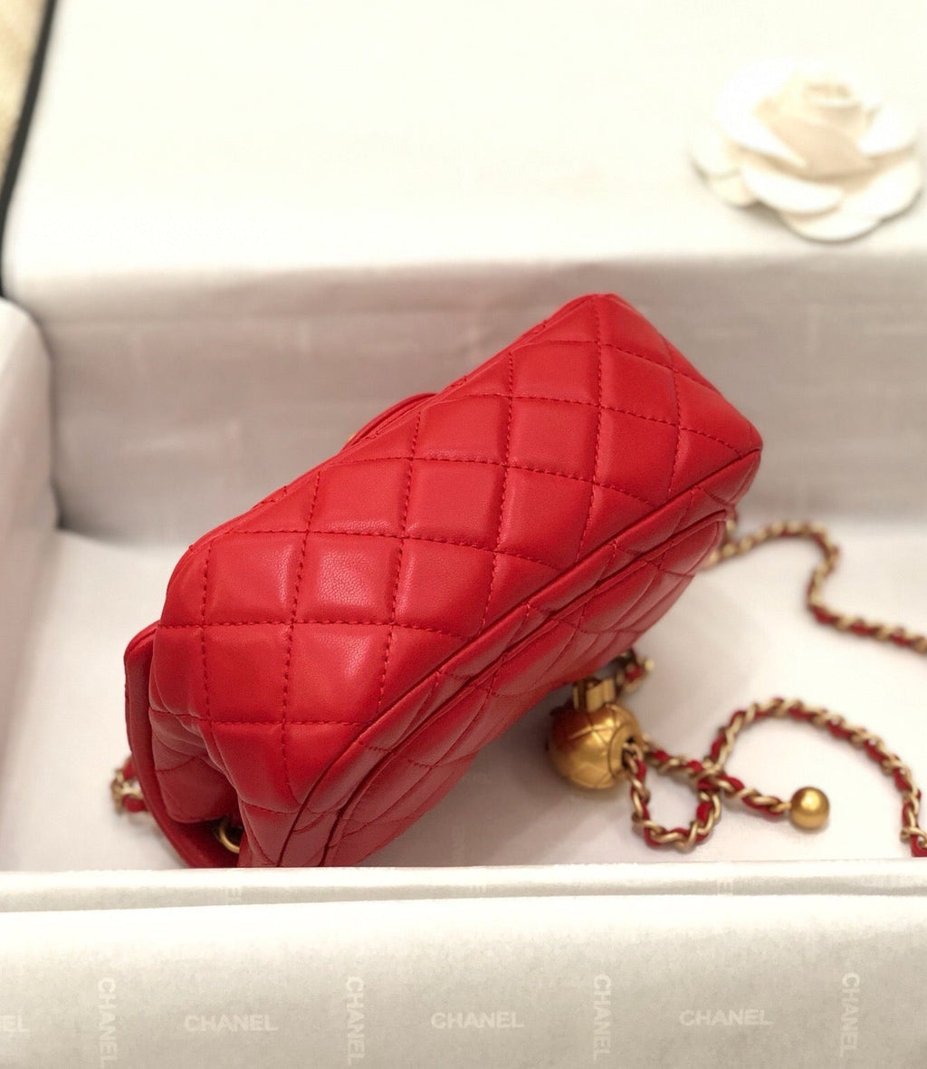 CHANEL MINI SQUARE CLASSIC FLAP BAG 17CM RED LAMBSKIN GOLD HARDWARE