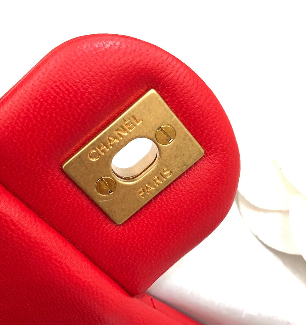CHANEL MINI SQUARE CLASSIC FLAP BAG 17CM RED LAMBSKIN GOLD HARDWARE