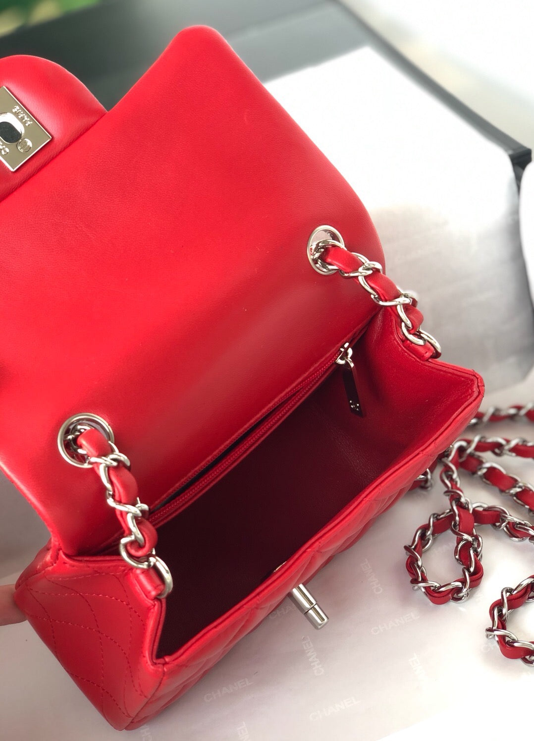 CHANEL MINI SQUARE FLAP BAG 17CM RED LAMBSKIN SILVER HARDWARE