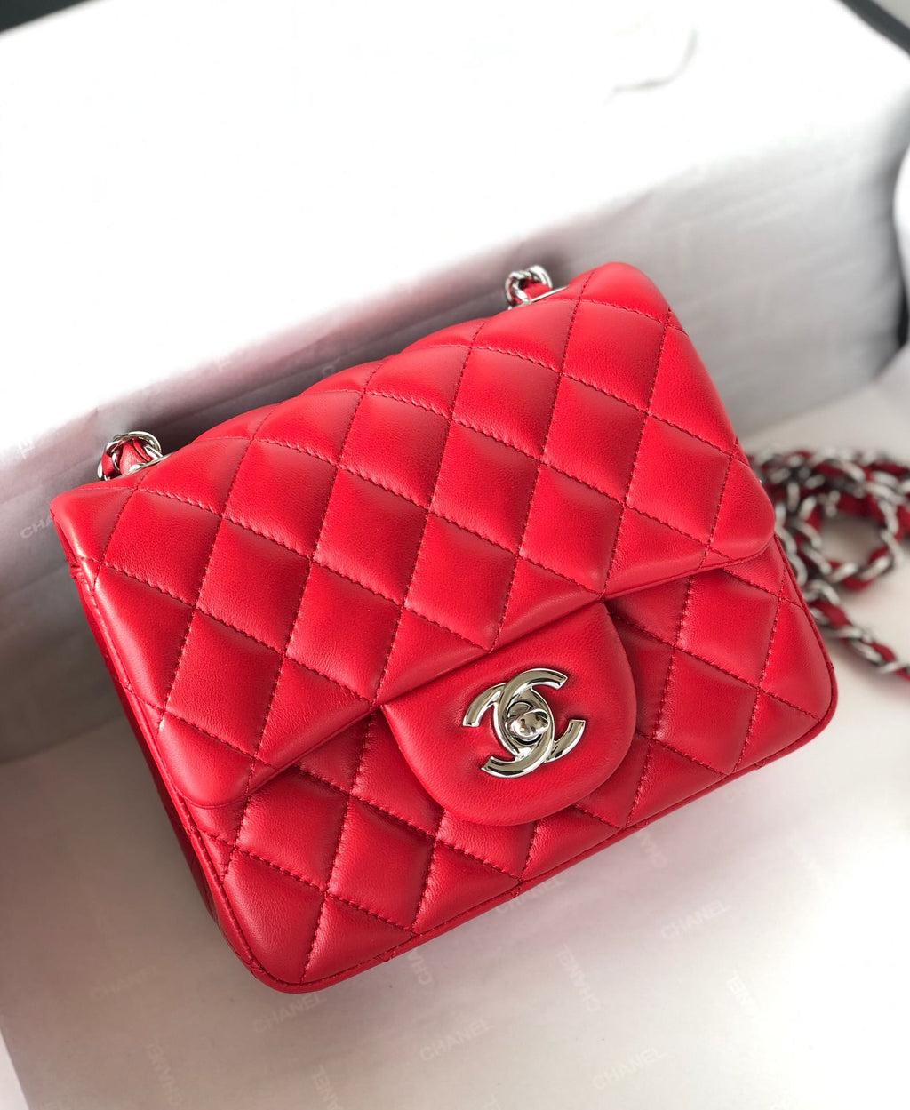 CHANEL MINI SQUARE FLAP BAG 17CM RED LAMBSKIN SILVER HARDWARE
