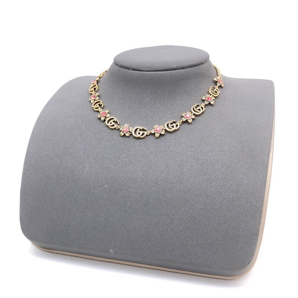 18K Double Gucci Interlocking Gucci Red Flowers Necklace