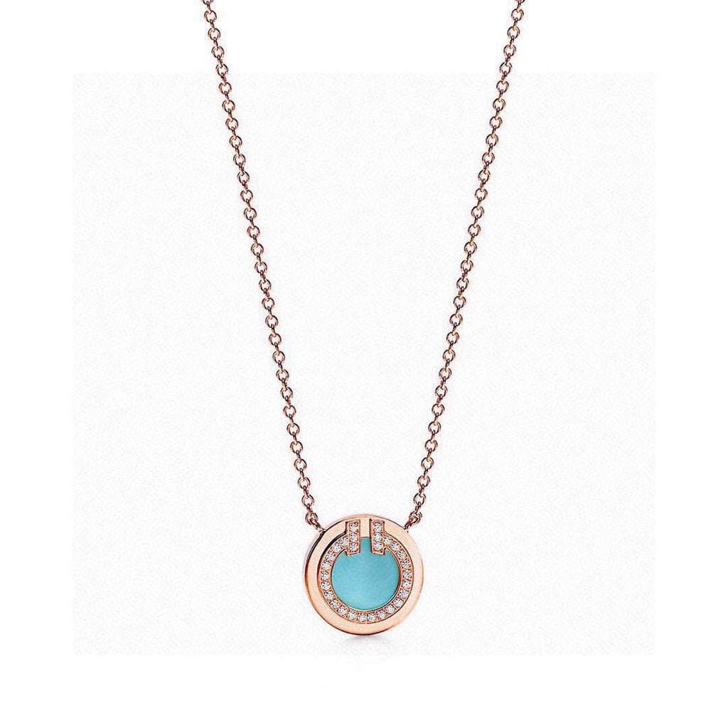 18K Tiffany Diamond & Turquoise Circle Pendant Necklace
