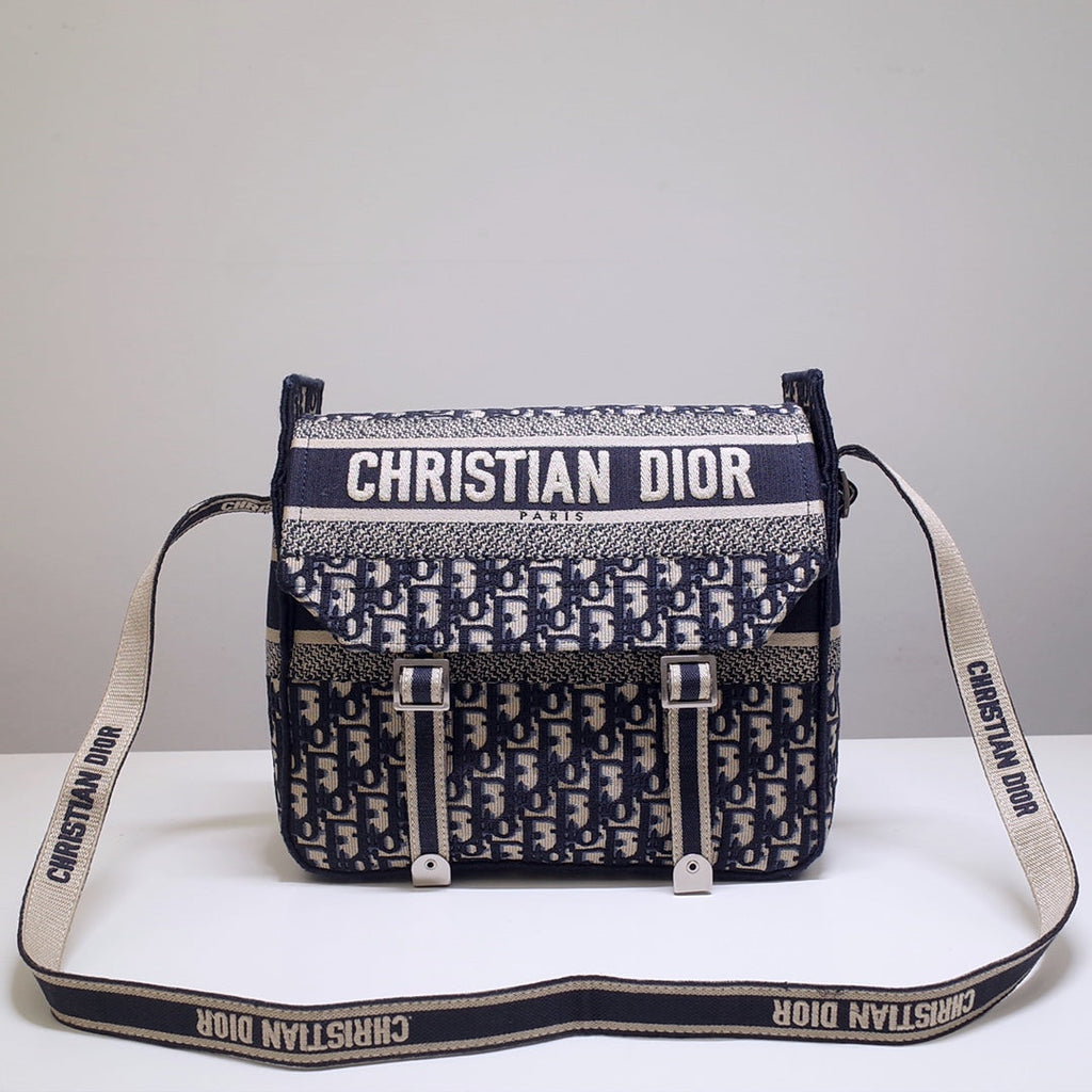 DIOR CAMP DOUBLE BUCKLE BAG 28 IN NAVY BLUE MONOGRAM OBLIQUE JACQUARD