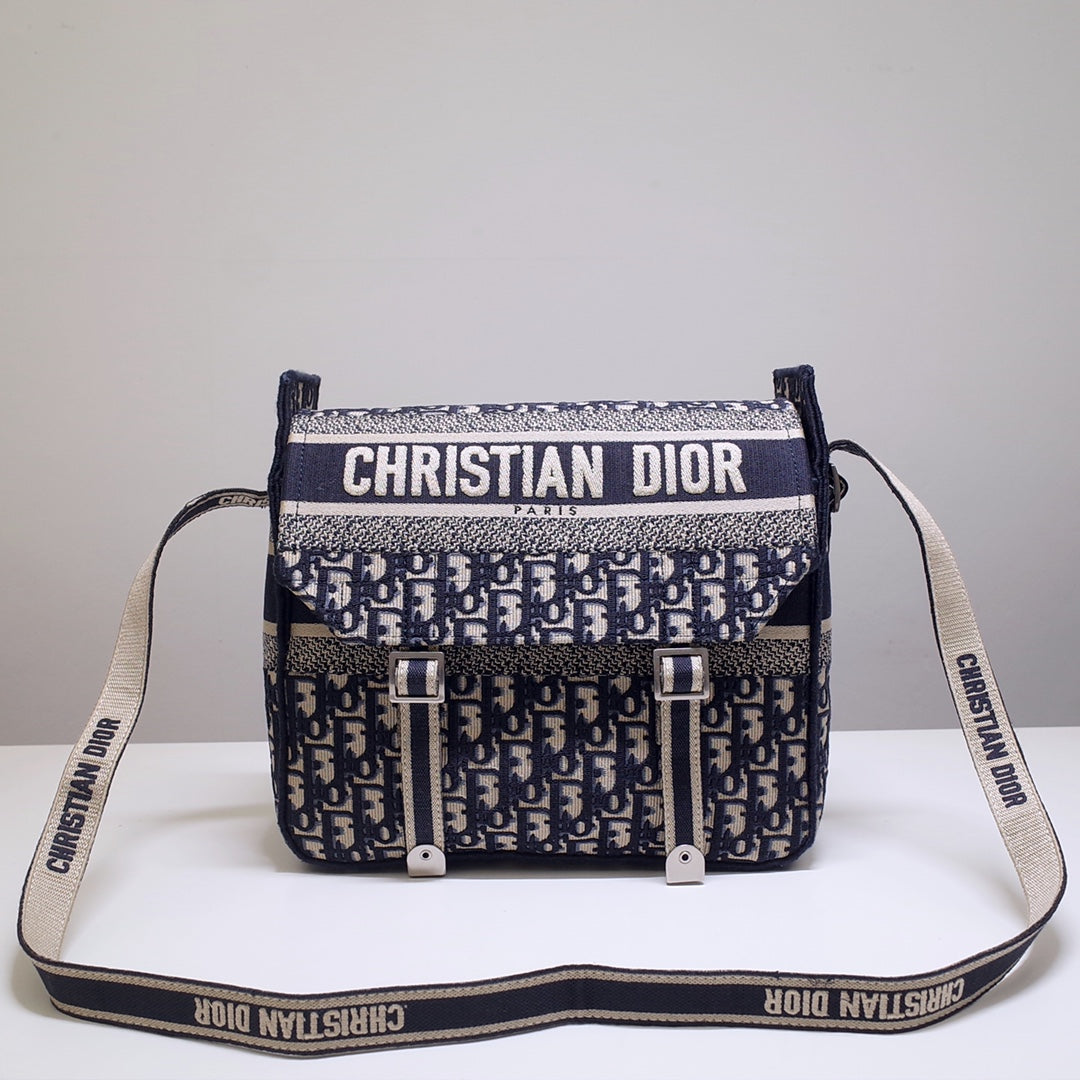 DIOR CAMP DOUBLE BUCKLE BAG 28 IN NAVY BLUE MONOGRAM OBLIQUE JACQUARD