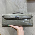 HERMES KELLY CUT 31 IN ASH GRAY SHINNY ALLIGATOR LEATHER WITH SILVER HARDWARE
