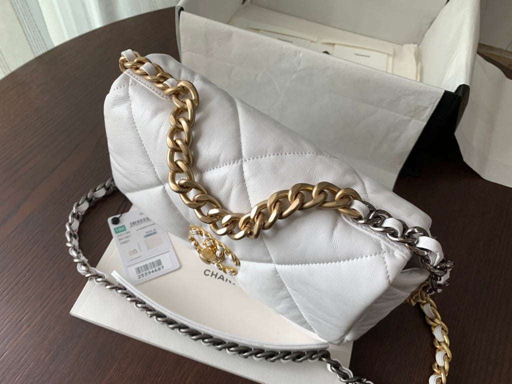 CHANEL 19 FLAP BAG 30 WHITE GOATSKIN