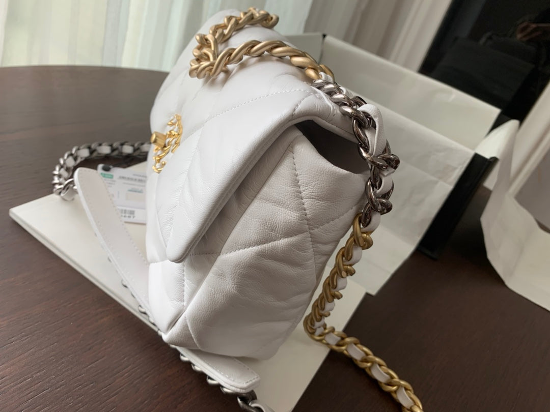 CHANEL 19 FLAP BAG 30 WHITE GOATSKIN