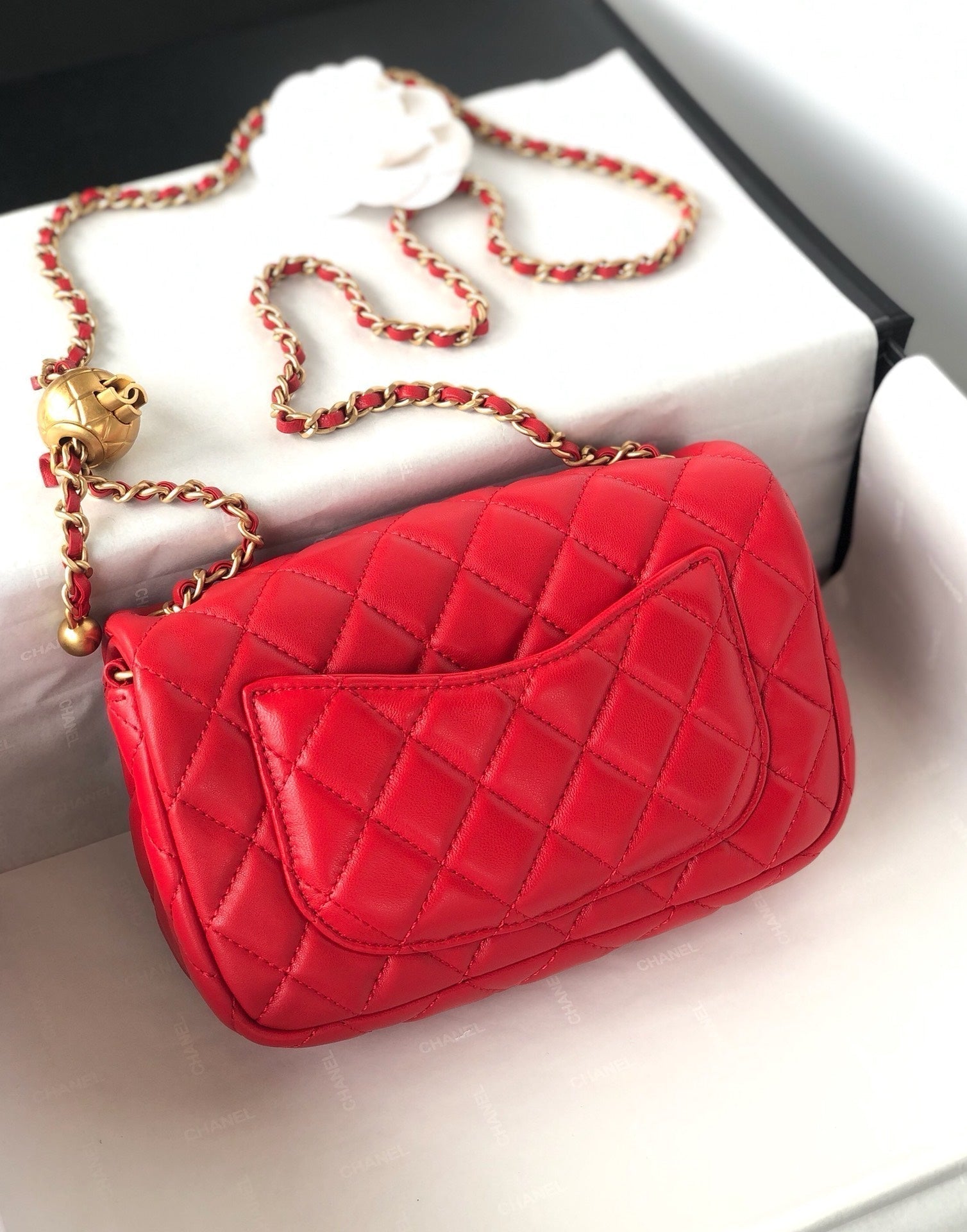 CHANEL MINI RECTANGLE CLASSIC FLAP BAG 20CM RED LAMBSKIN GOLD HARDWARE