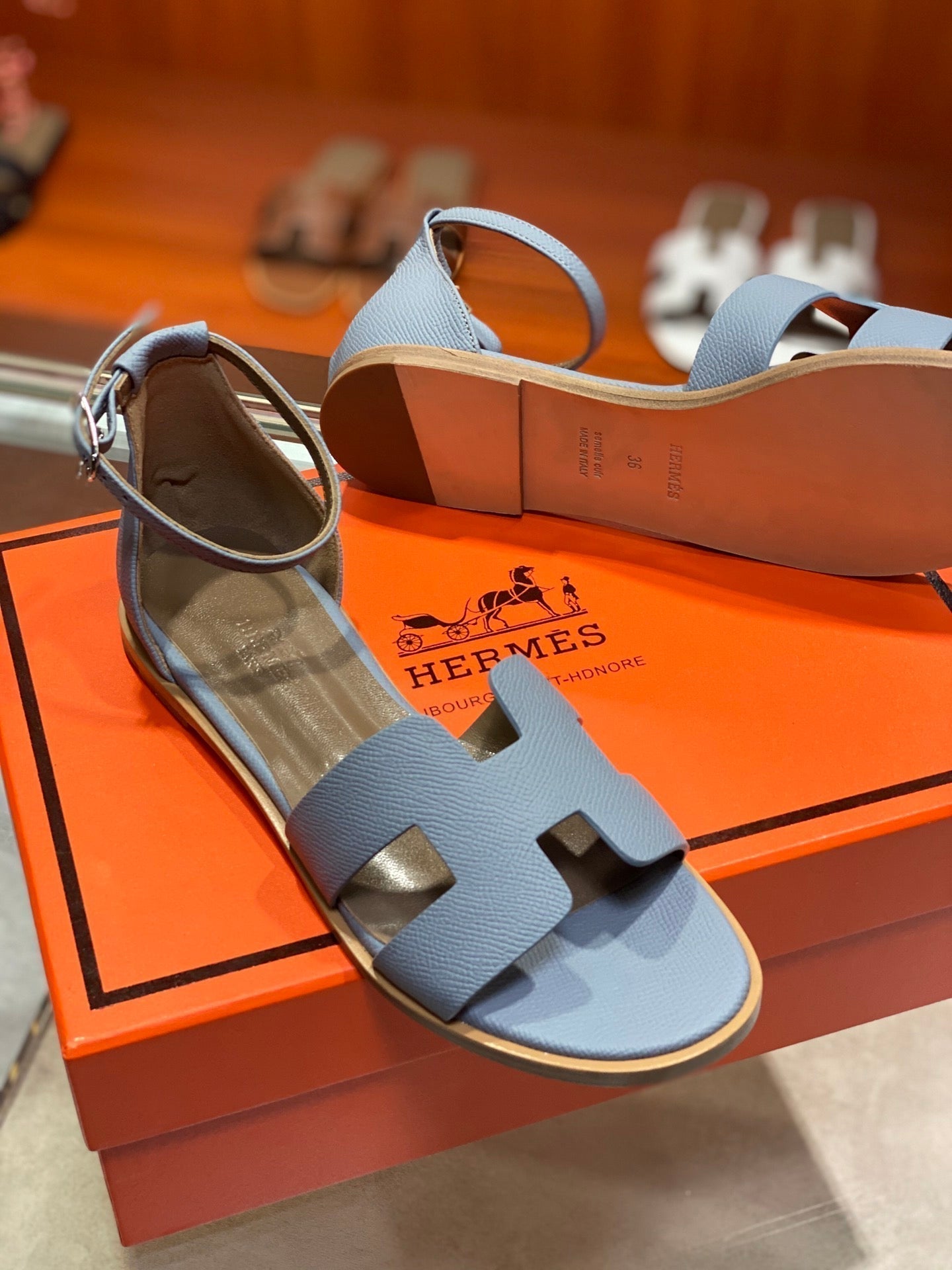 HERMES SANTORINI SANDAL SAPPHIRE CALFSKIN
