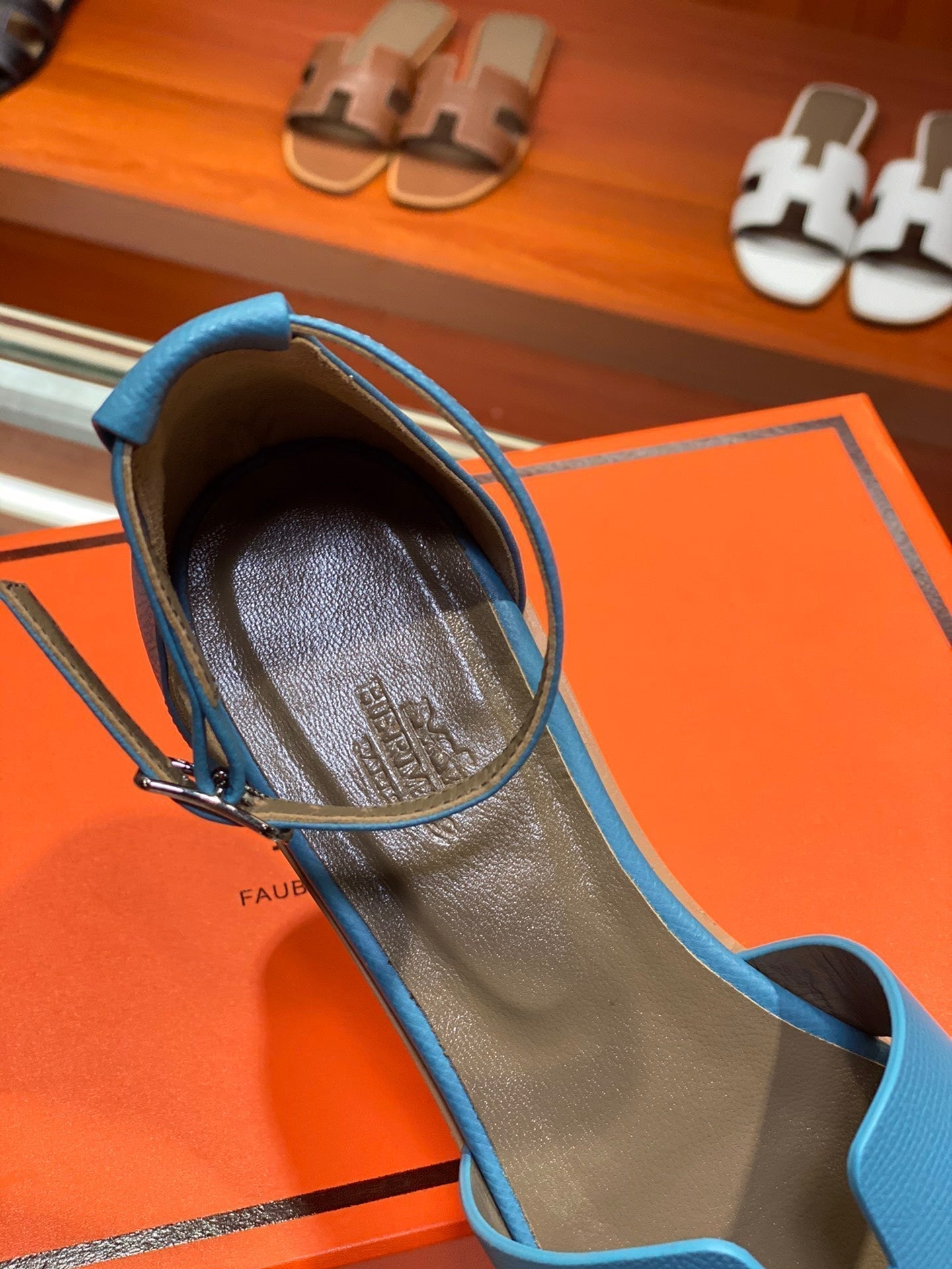 HERMES SANTORINI SANDAL CERULEAN CALFSKIN