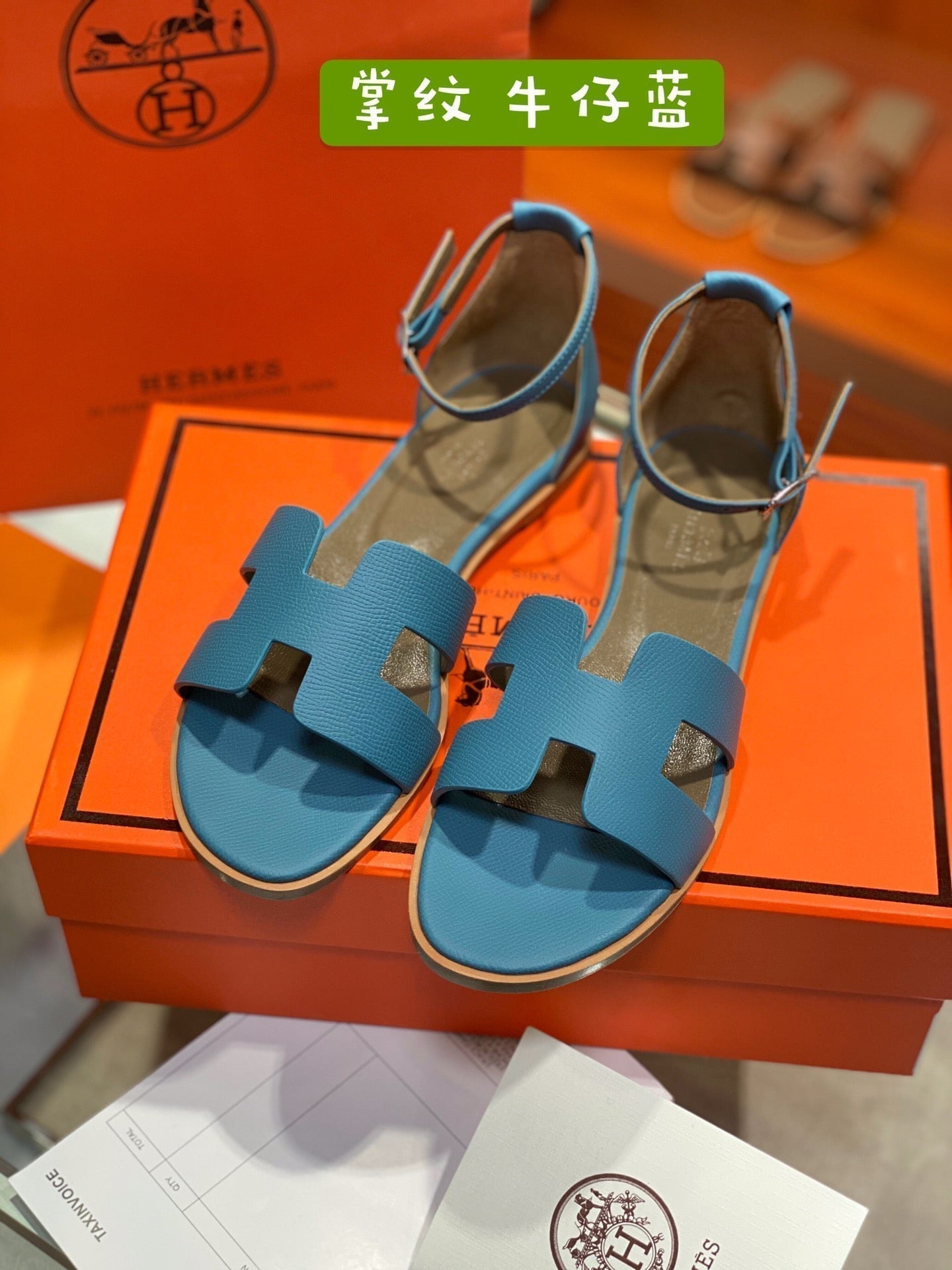 HERMES SANTORINI SANDAL CERULEAN CALFSKIN