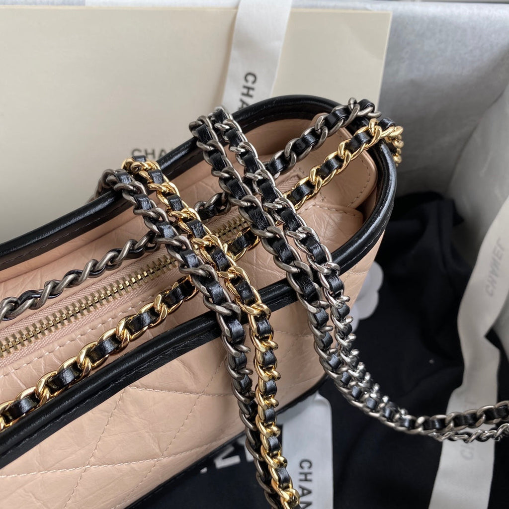 CHANEL GABRIELLE MINI 20 HOBO BAG IN ALMOND BEIGE MIX BLACK CALFSKIN