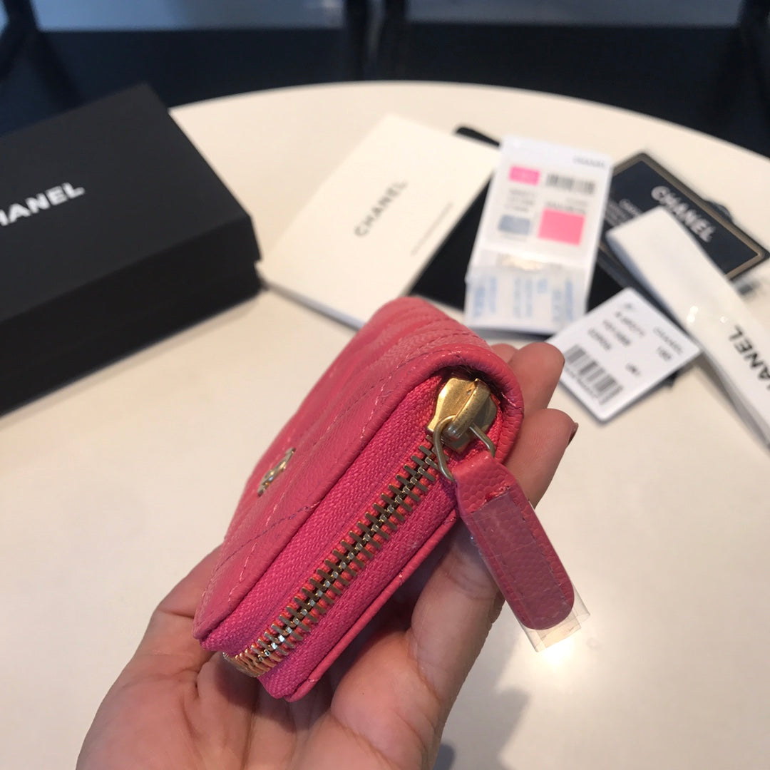 CHANEL ZIPPED COIN BASIC PURSE 11 RED PINK CALFSKIN GOLD ICON