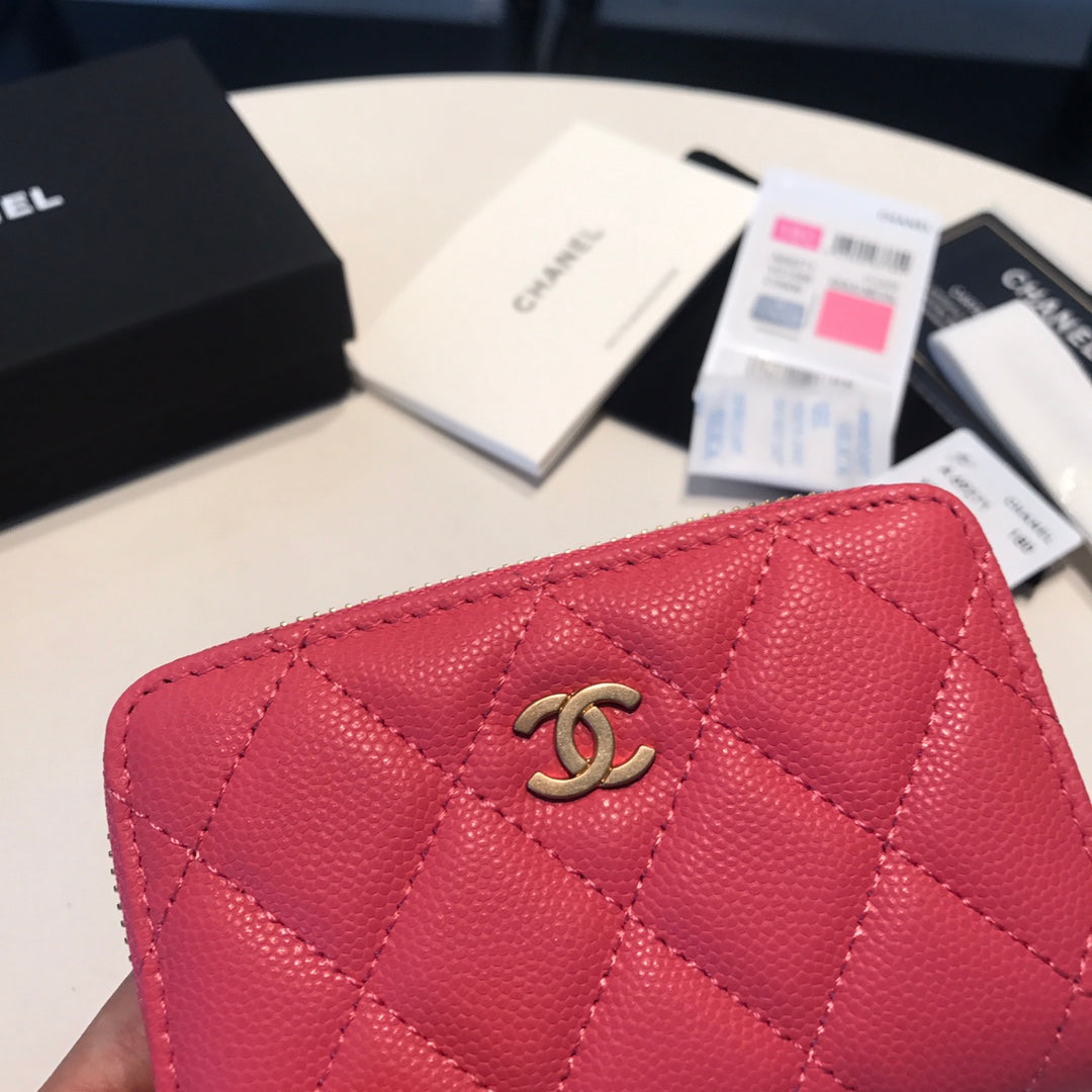 CHANEL ZIPPED COIN BASIC PURSE 11 RED PINK CALFSKIN GOLD ICON