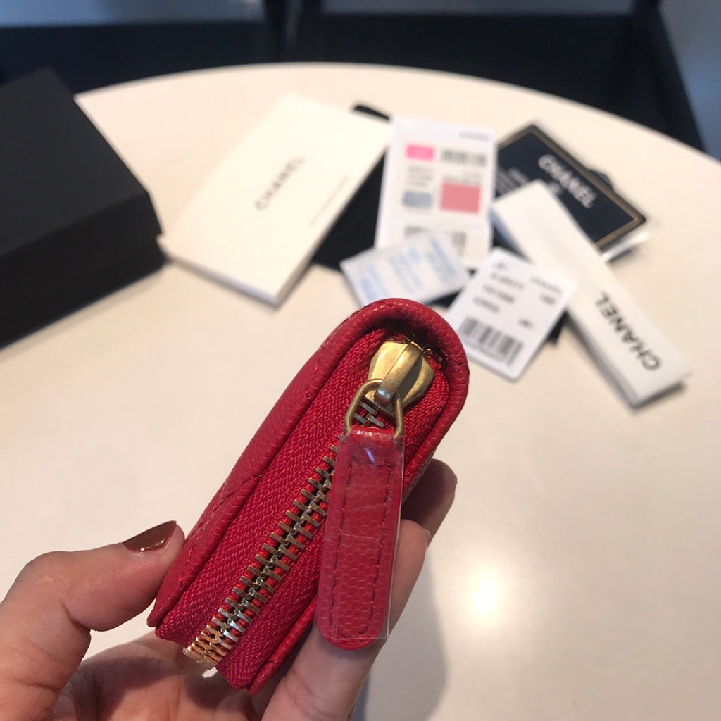 CHANEL ZIPPED COIN BASIC PURSE 11 RED CALFSKIN GOLD ICON