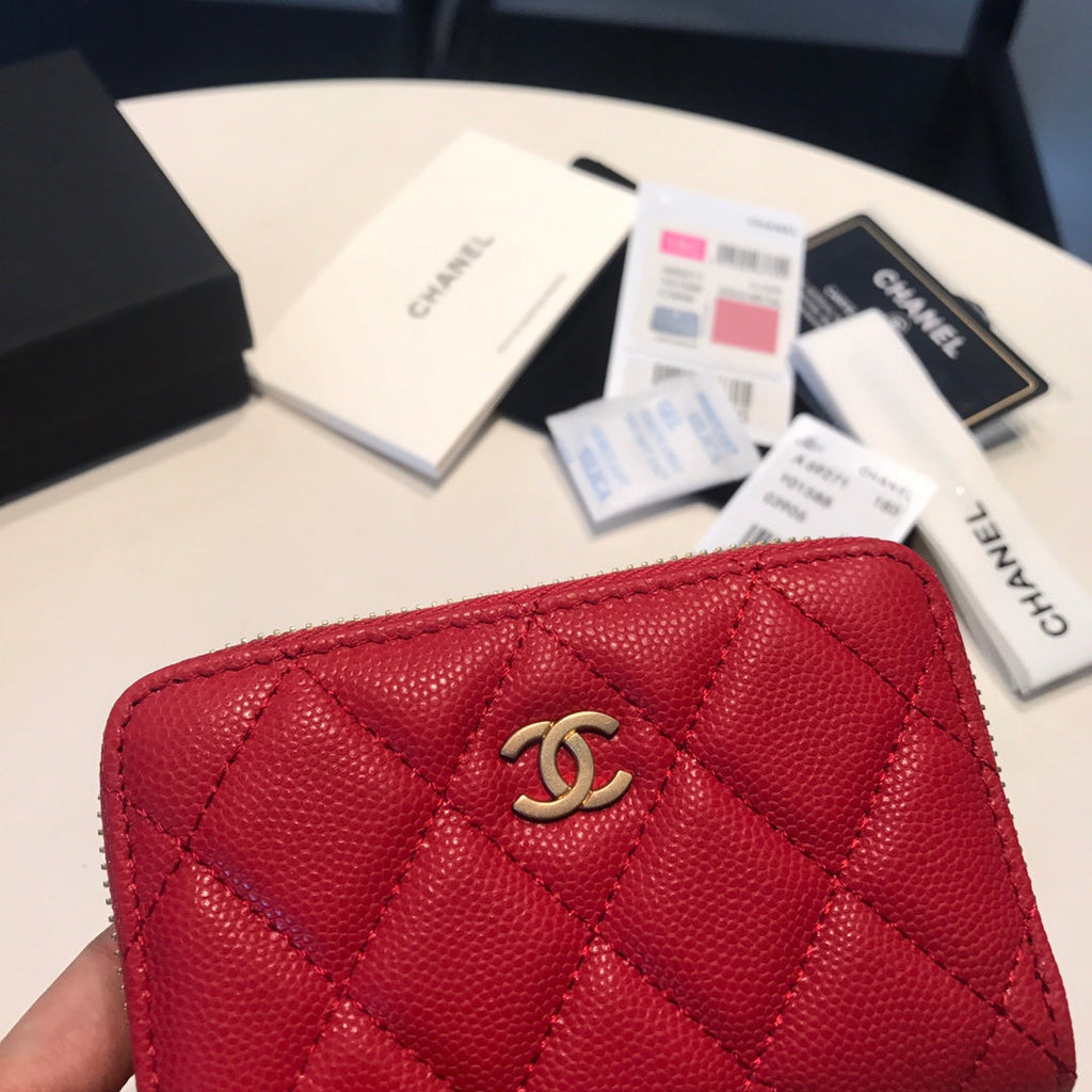 CHANEL ZIPPED COIN BASIC PURSE 11 RED CALFSKIN GOLD ICON
