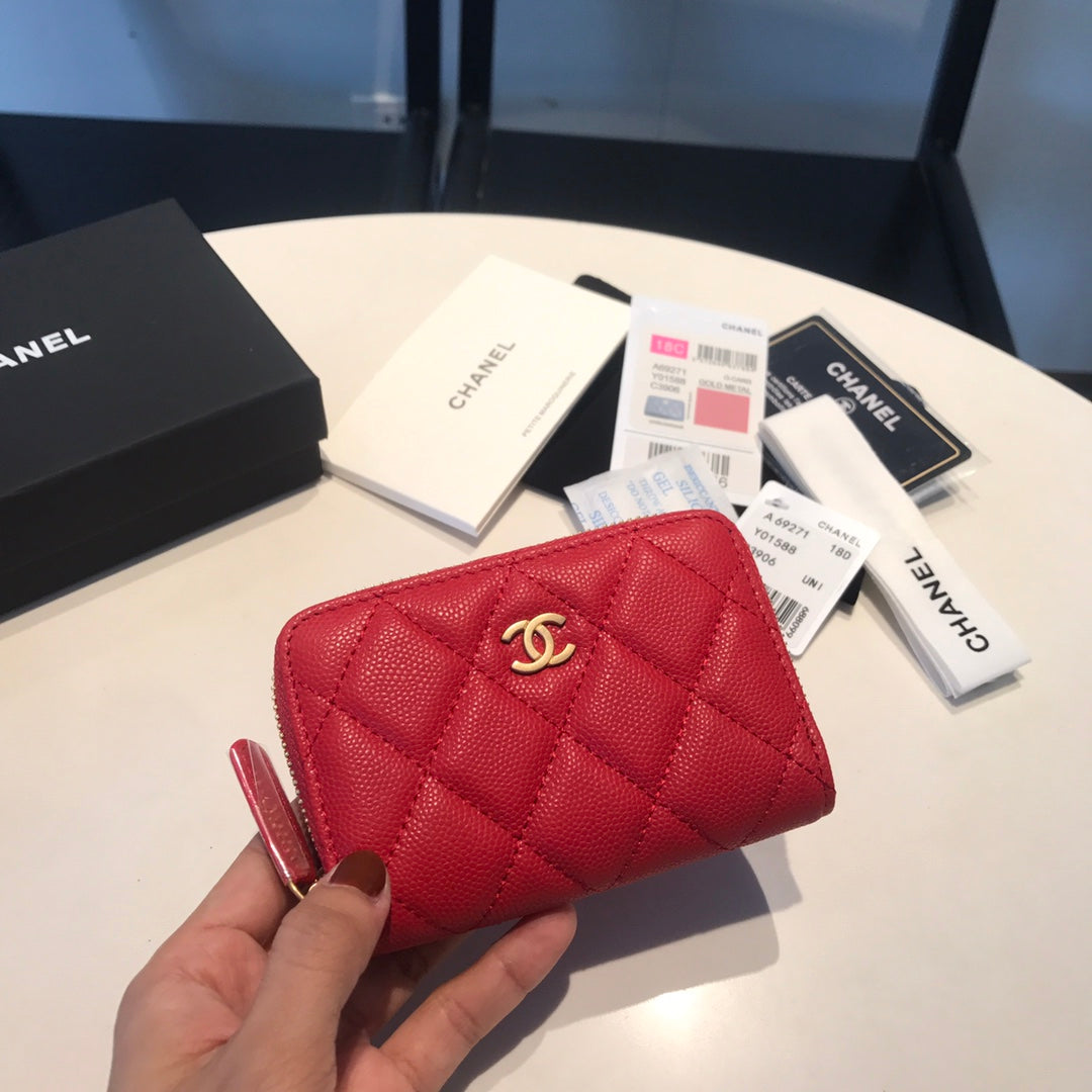 CHANEL ZIPPED COIN BASIC PURSE 11 RED CALFSKIN GOLD ICON