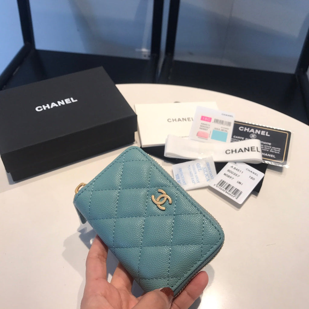 CHANEL ZIPPED CAVIAR PURSE 11 TEAL CALFSKIN GOLD ICON
