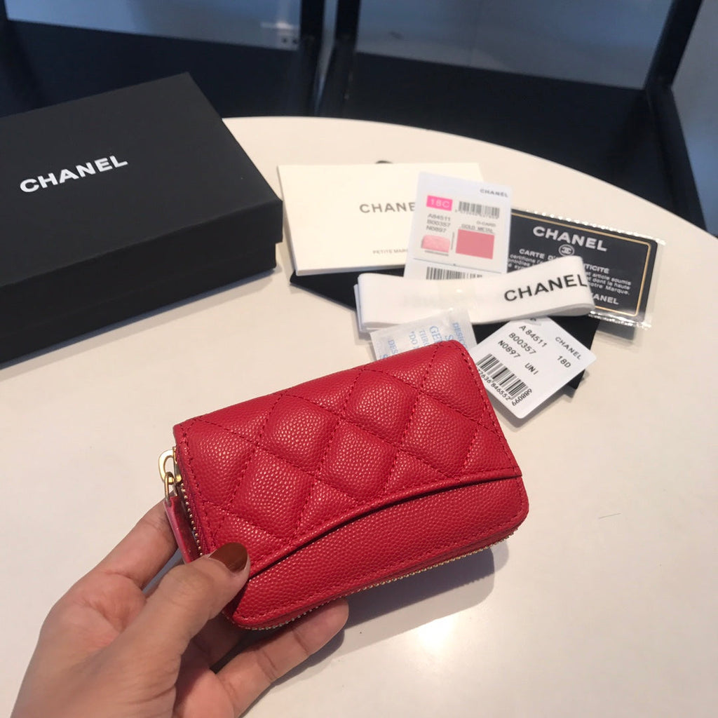 CHANEL ZIPPED CAVIAR PURSE 11 RED CALFSKIN GOLD ICON