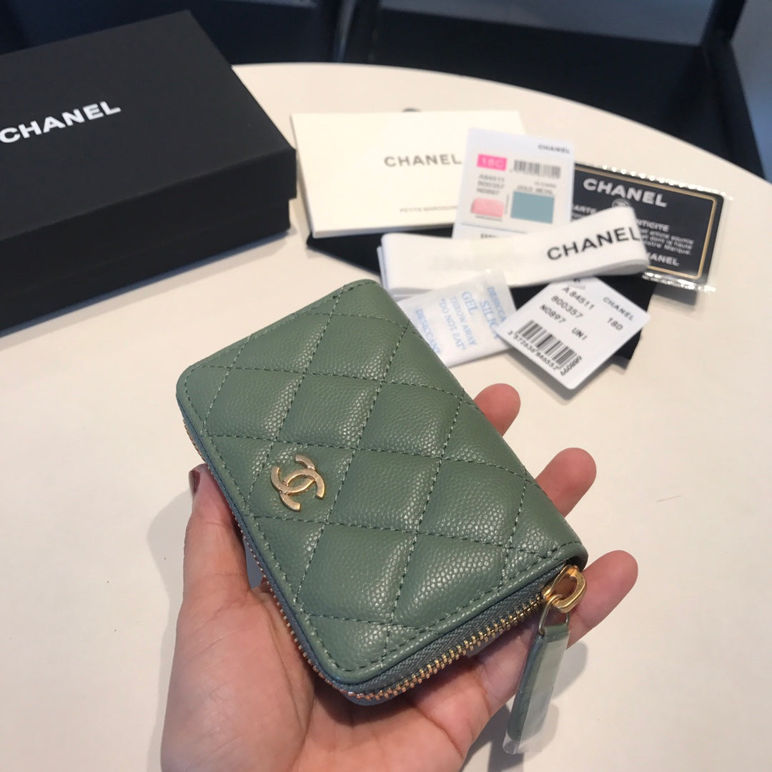 CHANEL ZIPPED CAVIAR PURSE 11 TURQUOISE CALFSKIN GOLD ICON