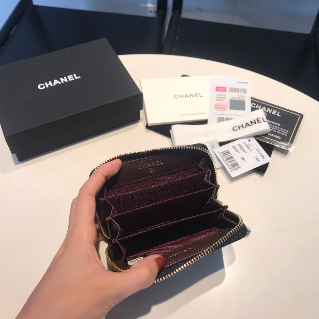 CHANEL ZIPPED CAVIAR PURSE 11 BLACK CALFSKIN GOLD ICON