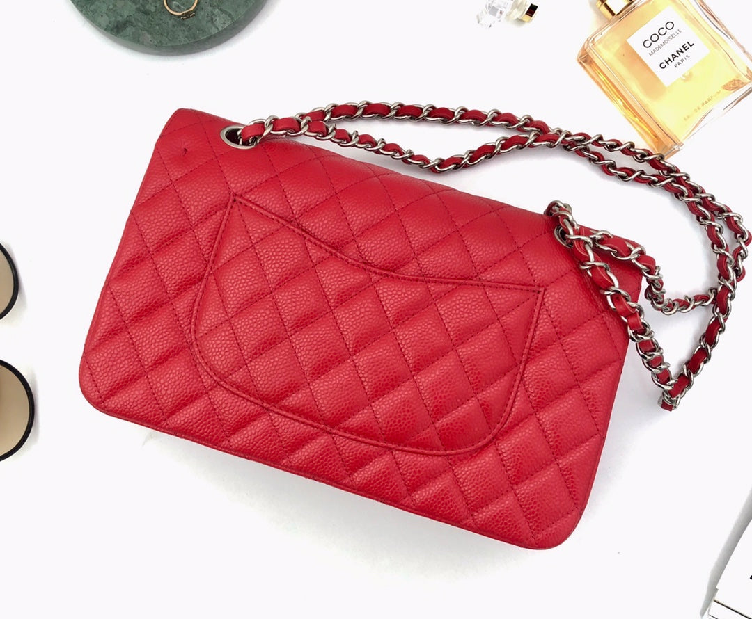 CHANEL FLAP BAG MEDIUM 25CM RED CAVIAR SILVER HARDWARE
