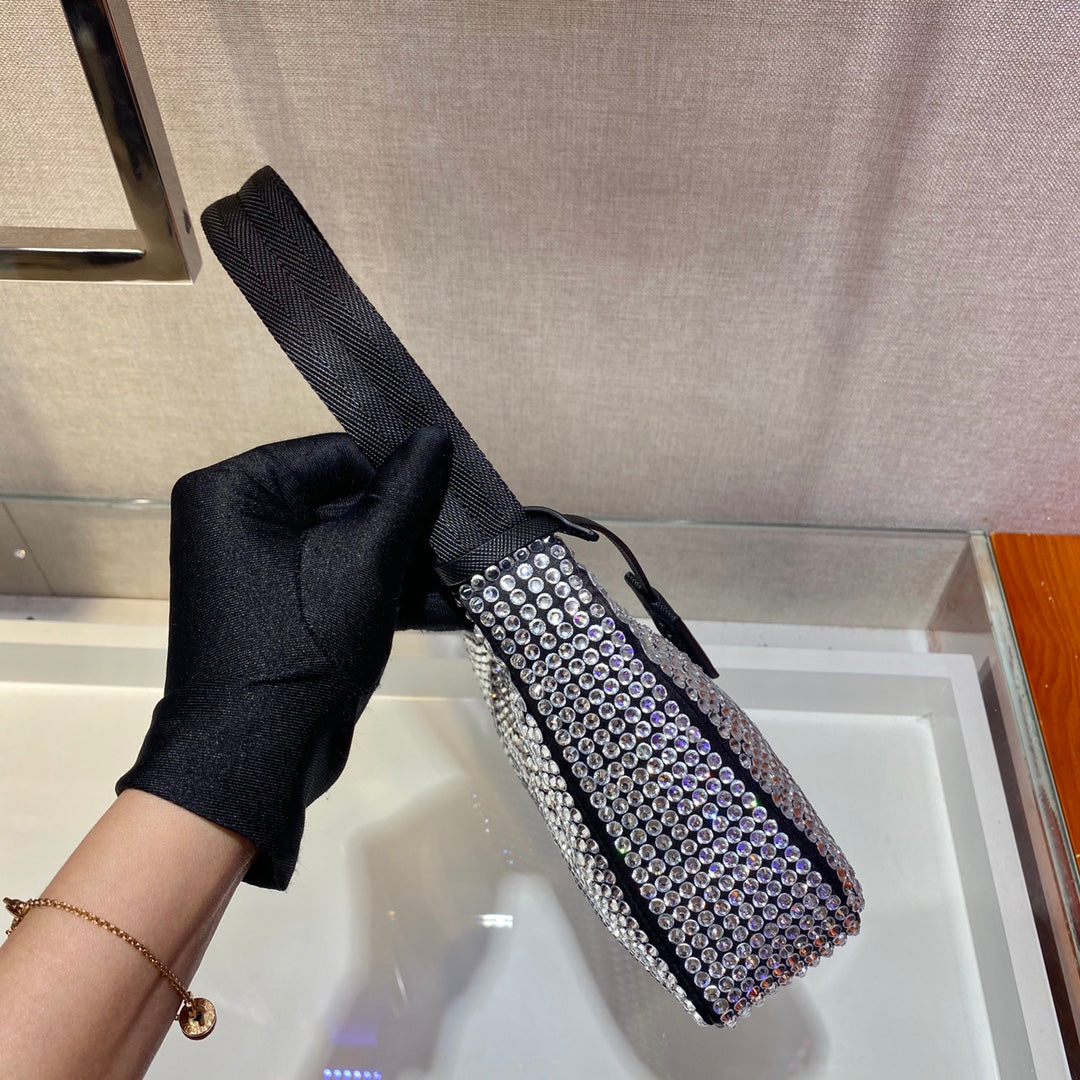 PRADA SPARKLING HOBO BAG 23 IN BLACK NYLON ATTACHED FULLY CRYSTALS