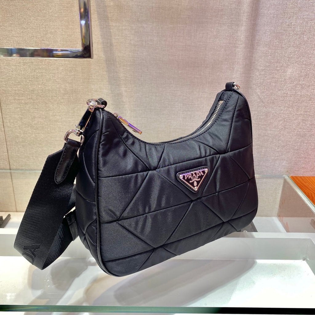 PRADA HOBO BAG 24 IN BLACK TRIANGULAR QUILTED PATTERN RE-NYLON