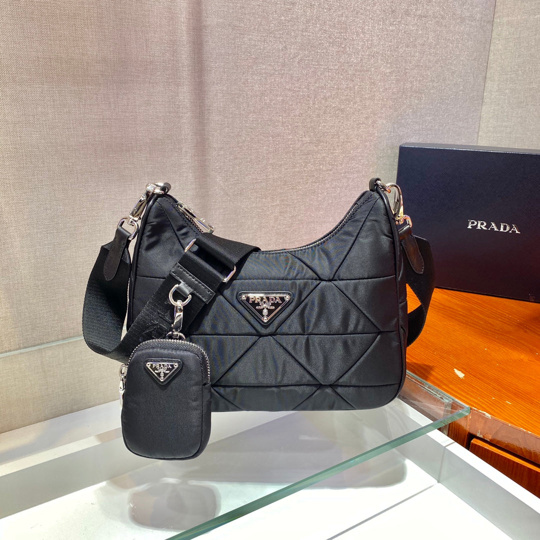 PRADA HOBO BAG 24 IN BLACK TRIANGULAR QUILTED PATTERN RE-NYLON