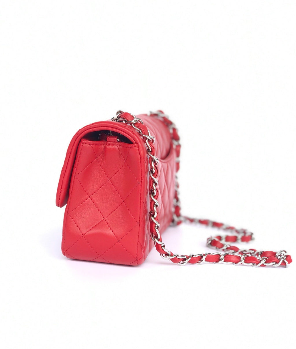 CHANEL MINI RECTANGLE FLAP BAG 20CM RED LAMBSKIN SILVER HARDWARE