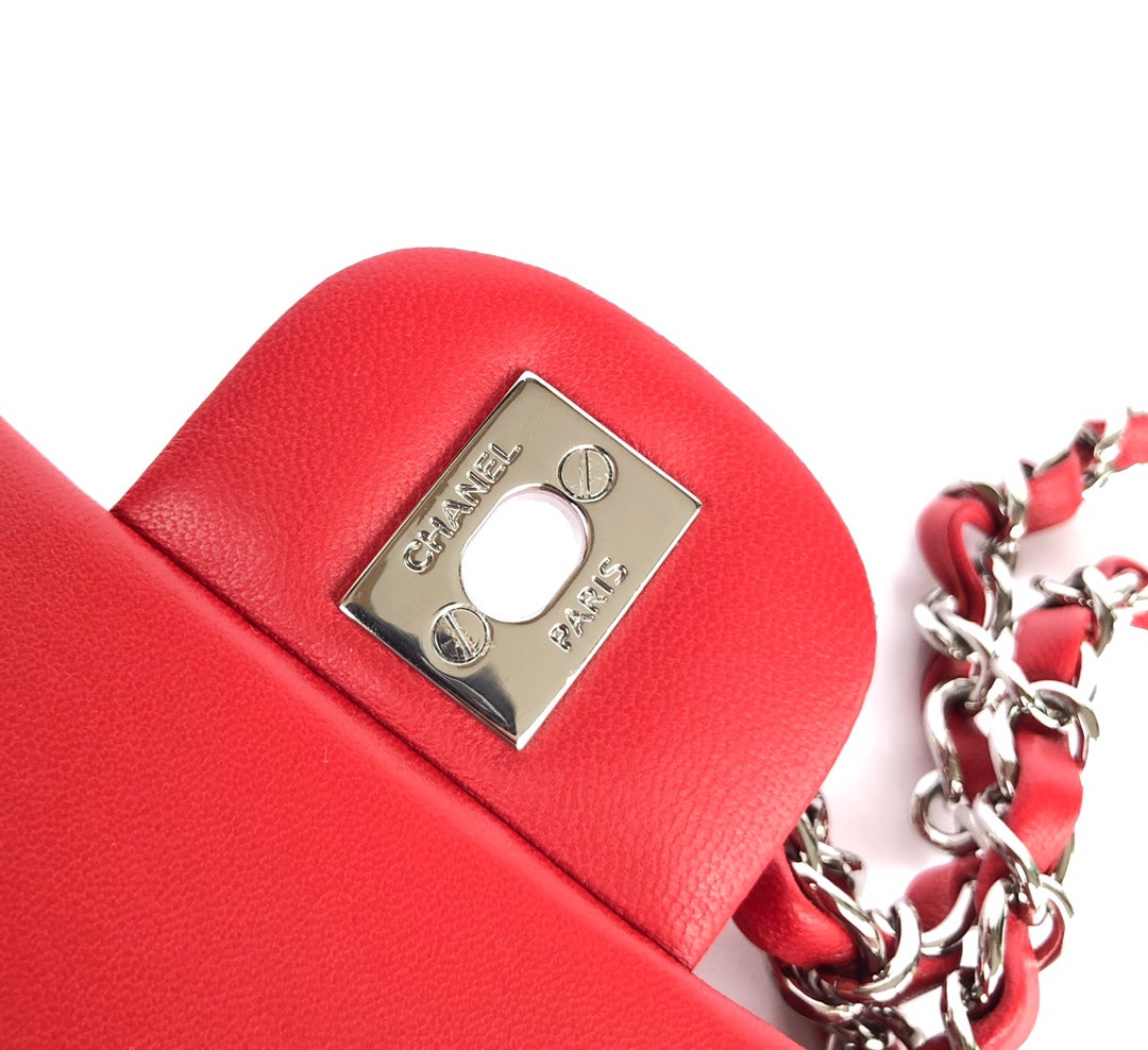 CHANEL MINI RECTANGLE FLAP BAG 20CM RED LAMBSKIN SILVER HARDWARE