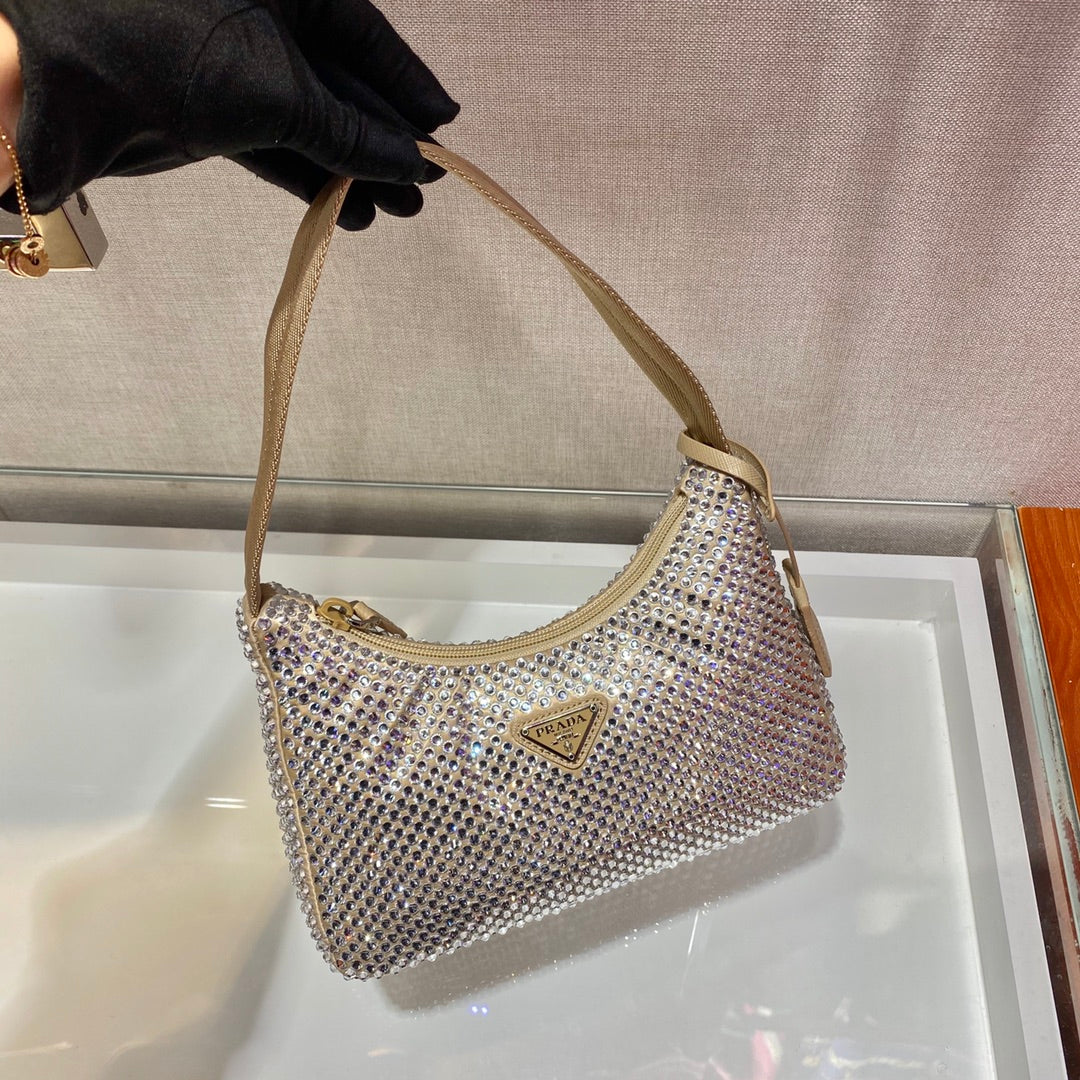 PRADA SPARKLING HOBO BAG 23 IN BEIGE NYLON ATTACHED FULLY CRYSTALS