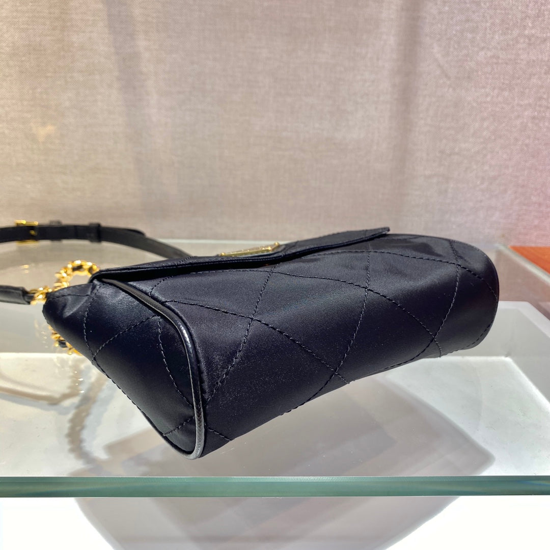 PRADA SMALL QUILTED FLAP BAG 18 IN BLACK RE-NYLON FABRIC GOLD CHAIN