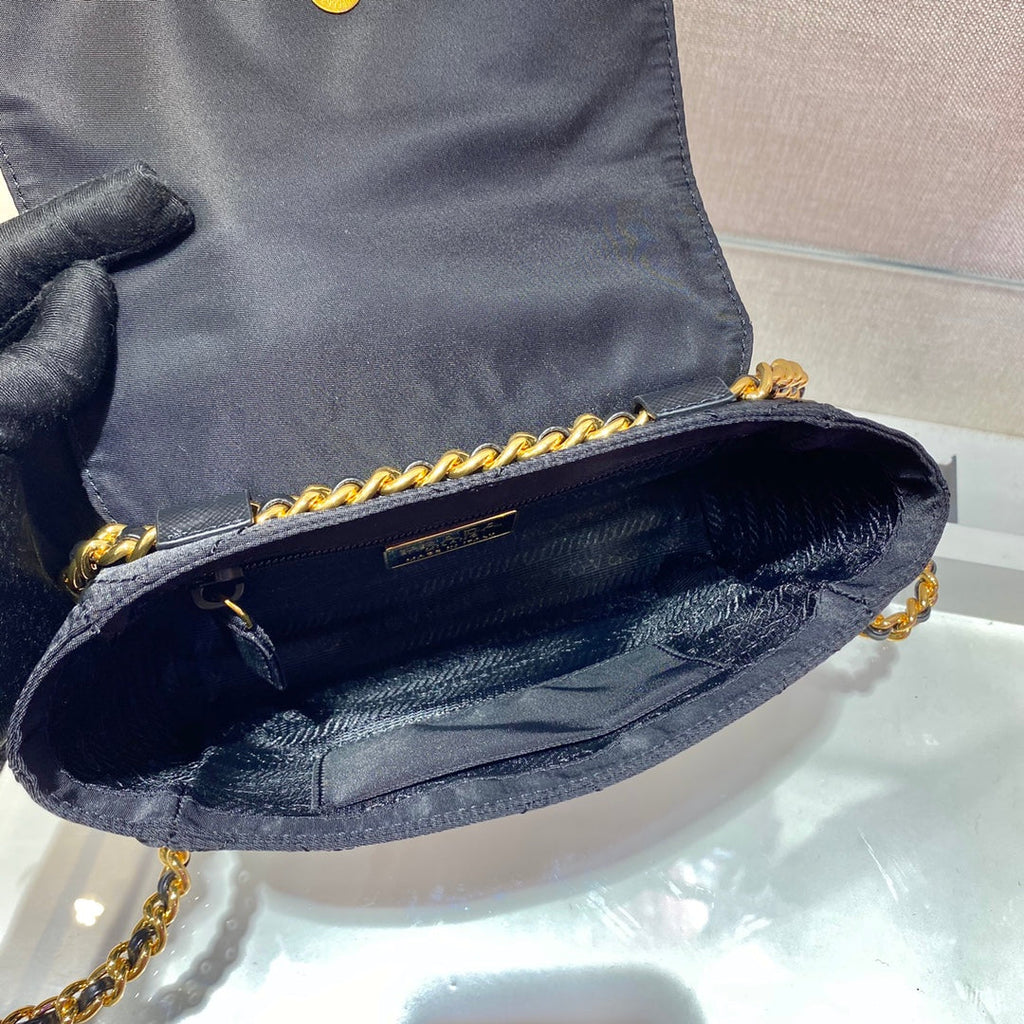 PRADA SMALL QUILTED FLAP BAG 18 IN BLACK RE-NYLON FABRIC GOLD CHAIN
