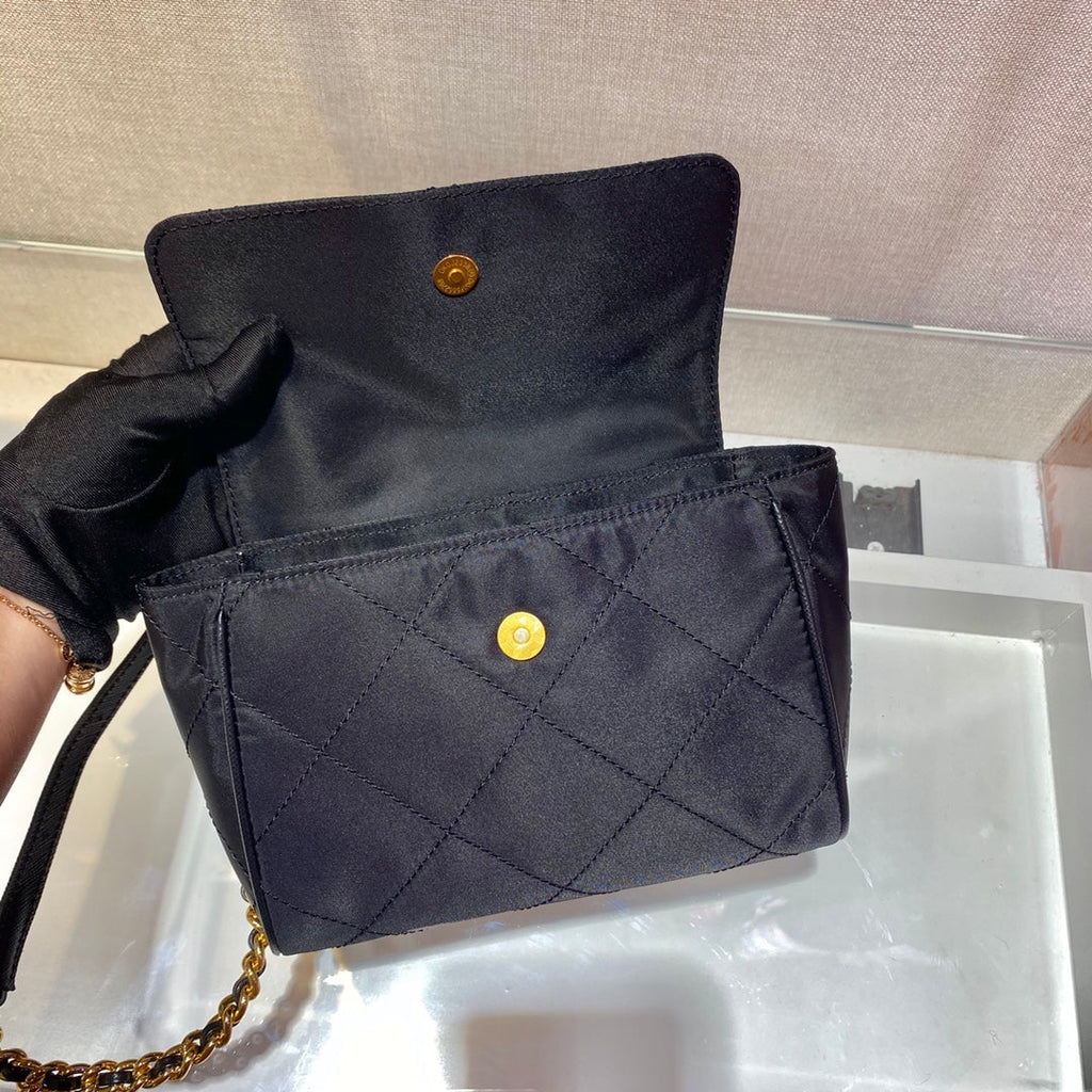 PRADA SMALL QUILTED FLAP BAG 18 IN BLACK RE-NYLON FABRIC GOLD CHAIN