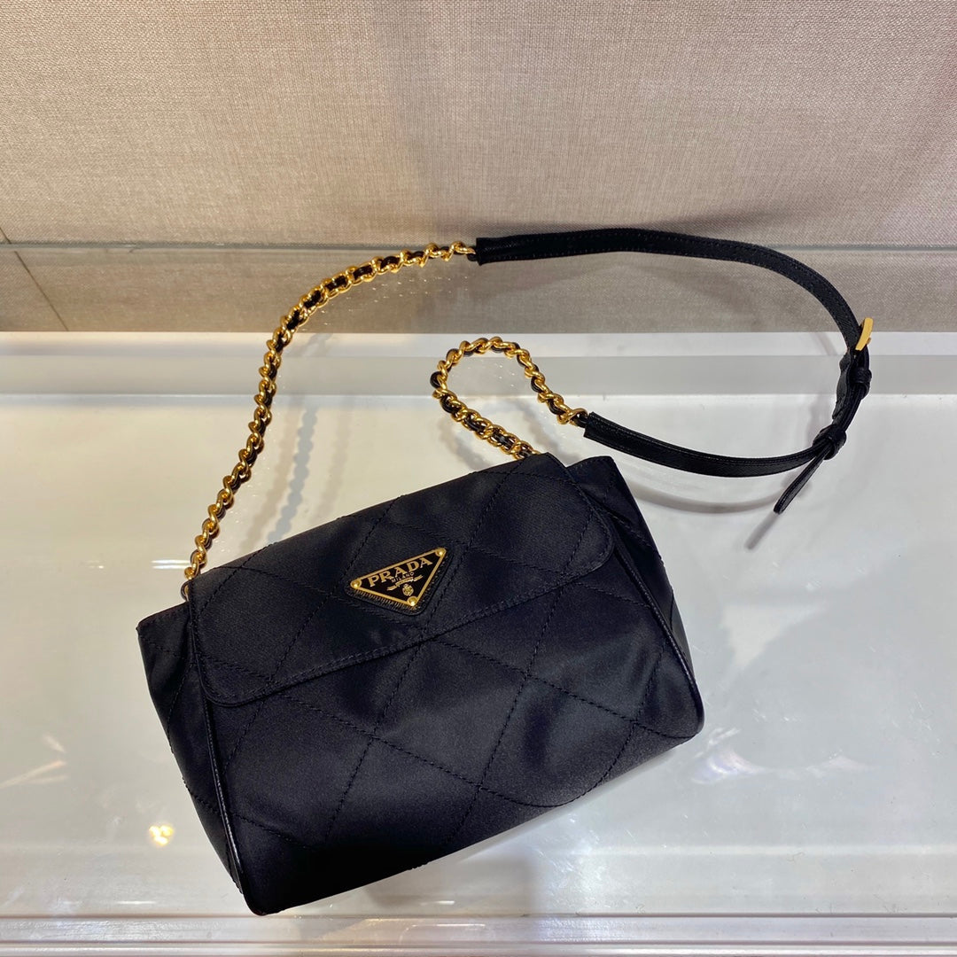 PRADA SMALL QUILTED FLAP BAG 18 IN BLACK RE-NYLON FABRIC GOLD CHAIN