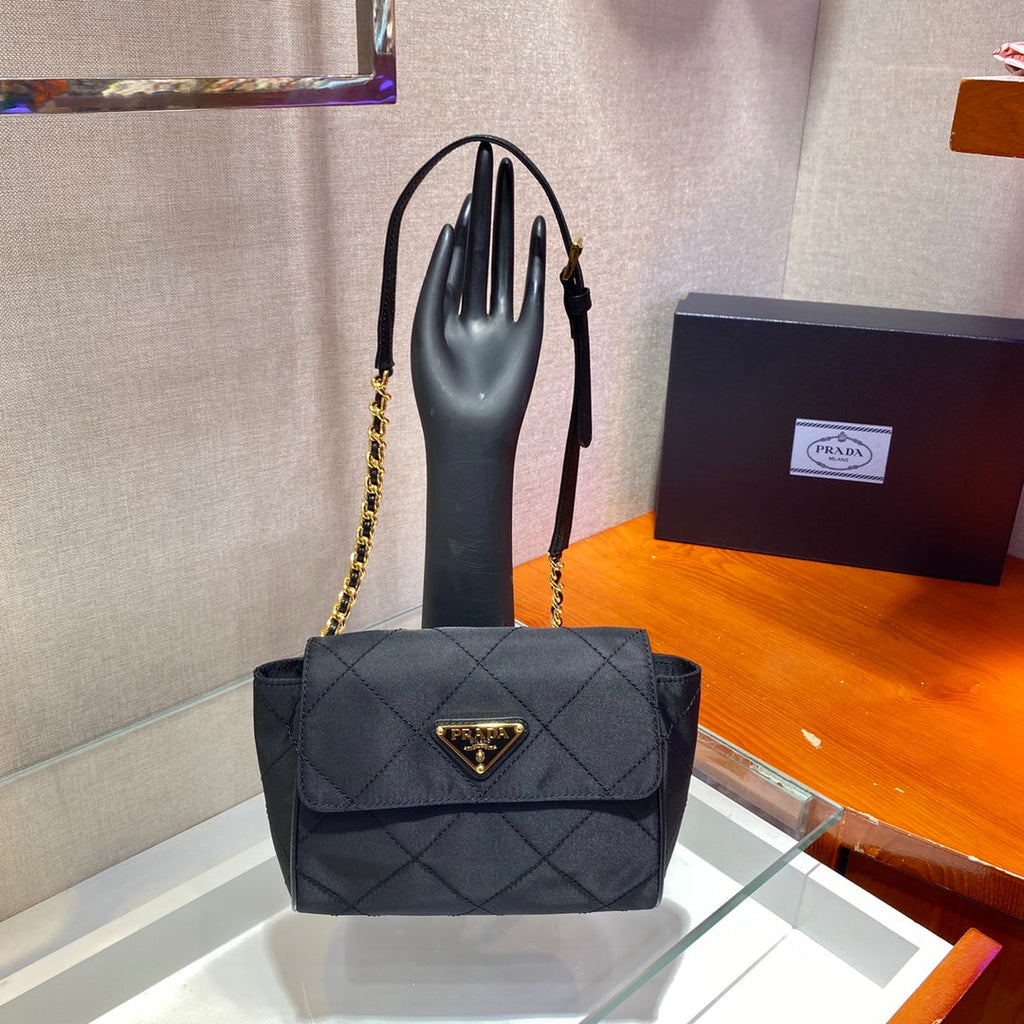 PRADA SMALL QUILTED FLAP BAG 18 IN BLACK RE-NYLON FABRIC GOLD CHAIN